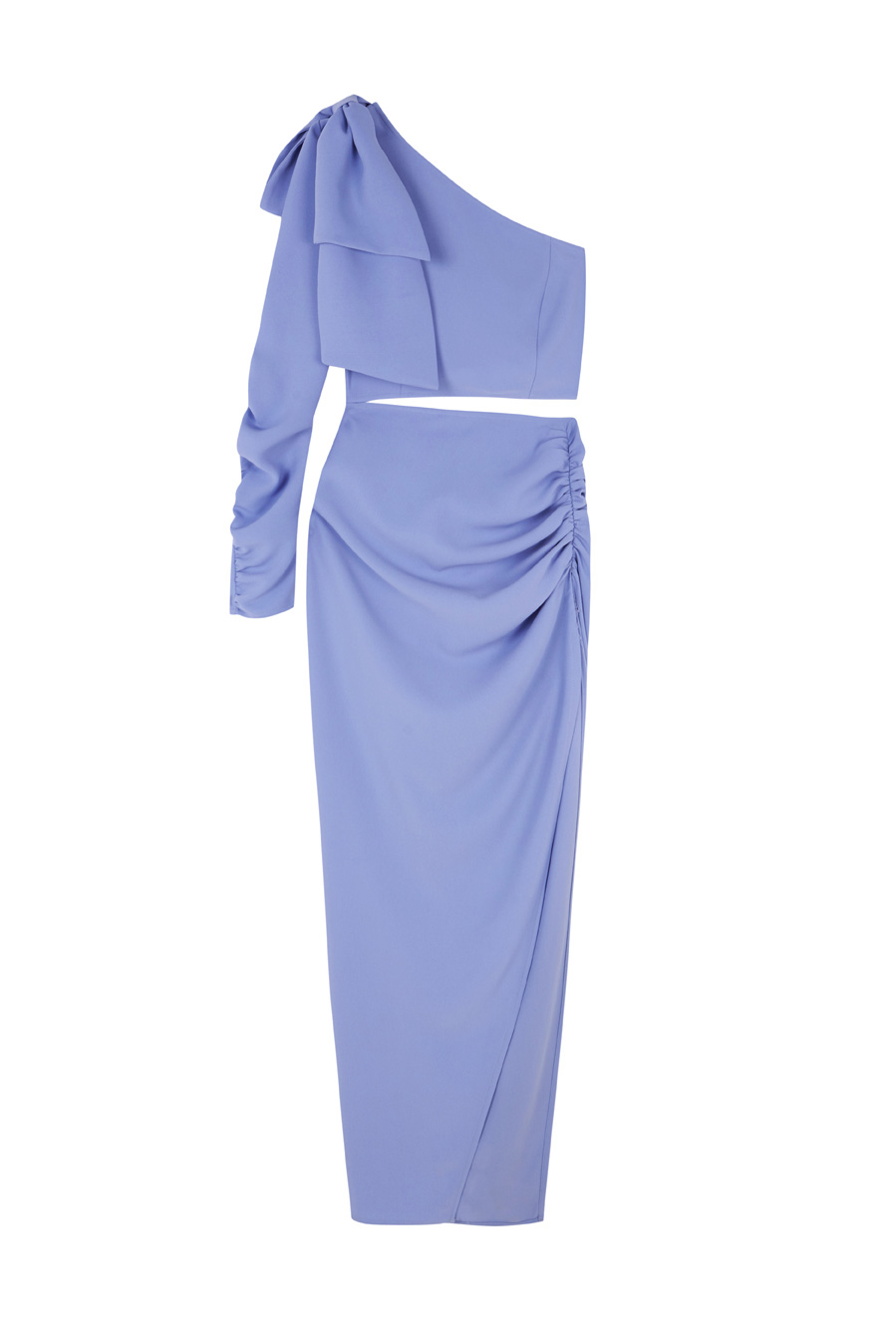 Vestido azul asimentrico con una manga y abertura lateral